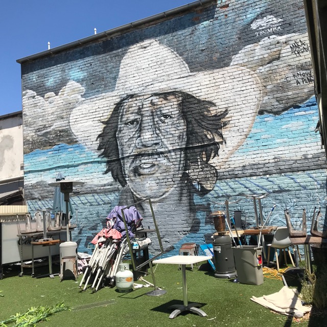 a group of people sitting in front of a building
