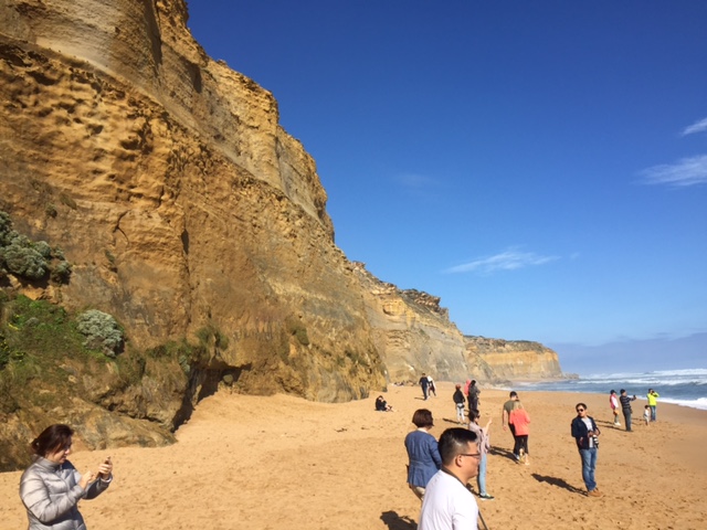 a group of people on a beach with a mountain in the background